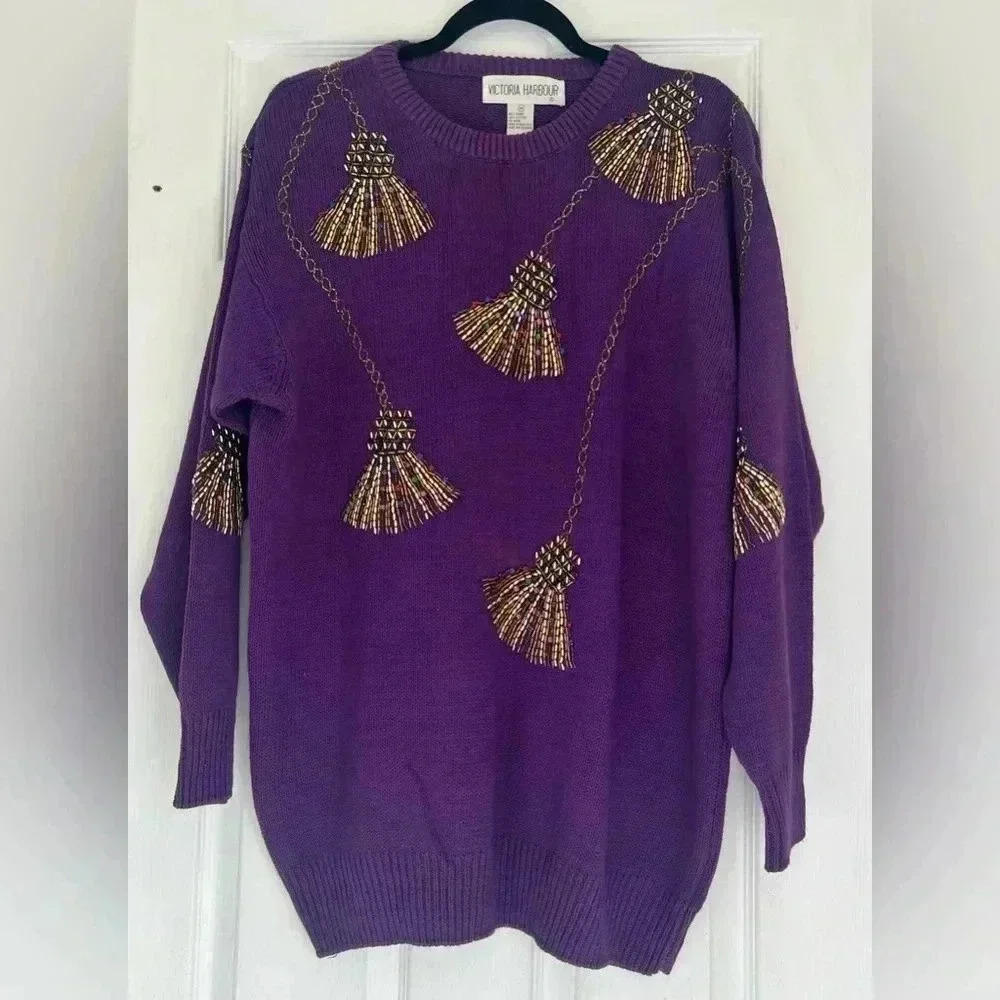 Victoria Harbour Vintage 80’s oversized ‎ jeweled tassels Holiday Sweater Sz M